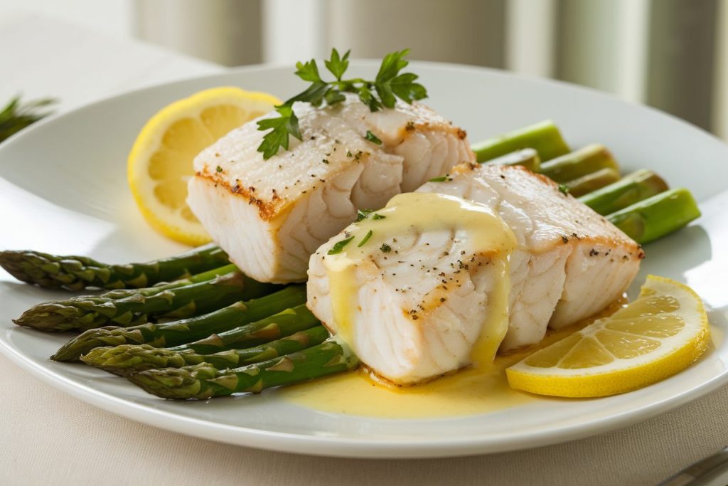 Baked Cod with Lemon Butter Sauce and Roasted Asparagus