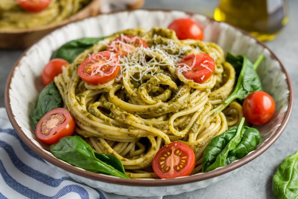 Pesto Pasta with Cherry Tomatoes and Spinach