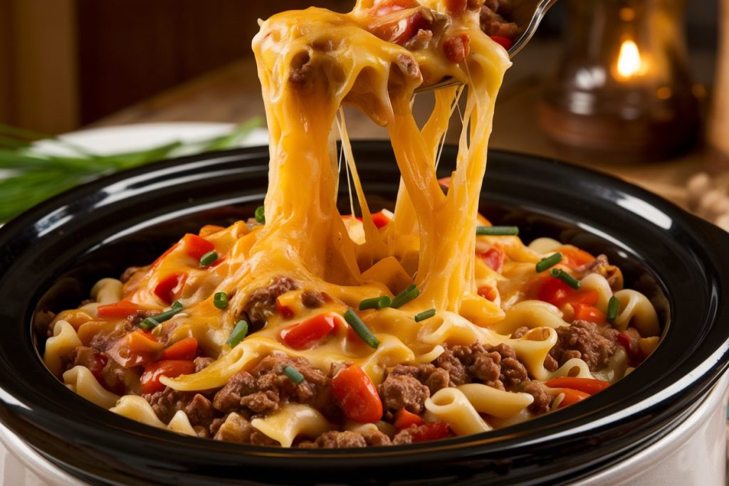 Crockpot Goulash with Cheddar Cheese