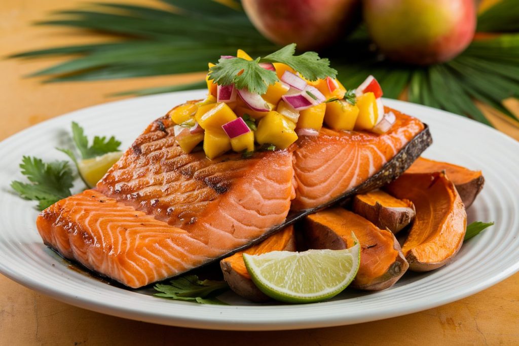 Grilled Salmon with Mango Salsa and Roasted Sweet Potatoes