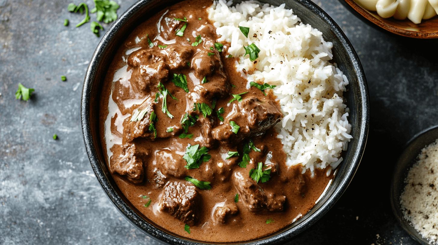 Beef Stroganoff with rice