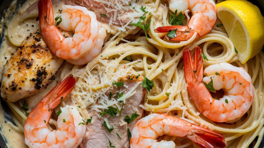 Garlic Parmesan Shrimp and Chicken Pasta