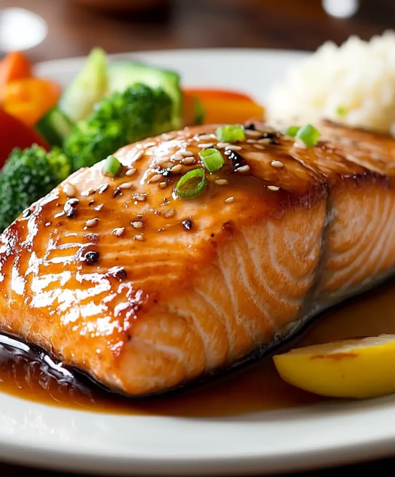 Glazed honey teriyaki salmon fillet garnished with green onions and sesame seeds, served with vegetables and rice.