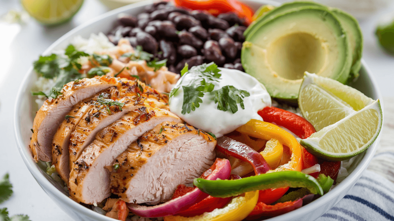 Rotisserie Chicken Fajita Bowls with avocado