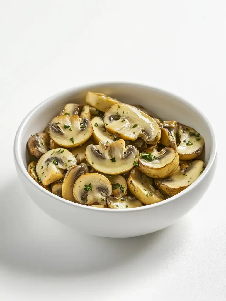 Freshly sautéed sliced mushrooms in a white bowl, garnished with herbs.
