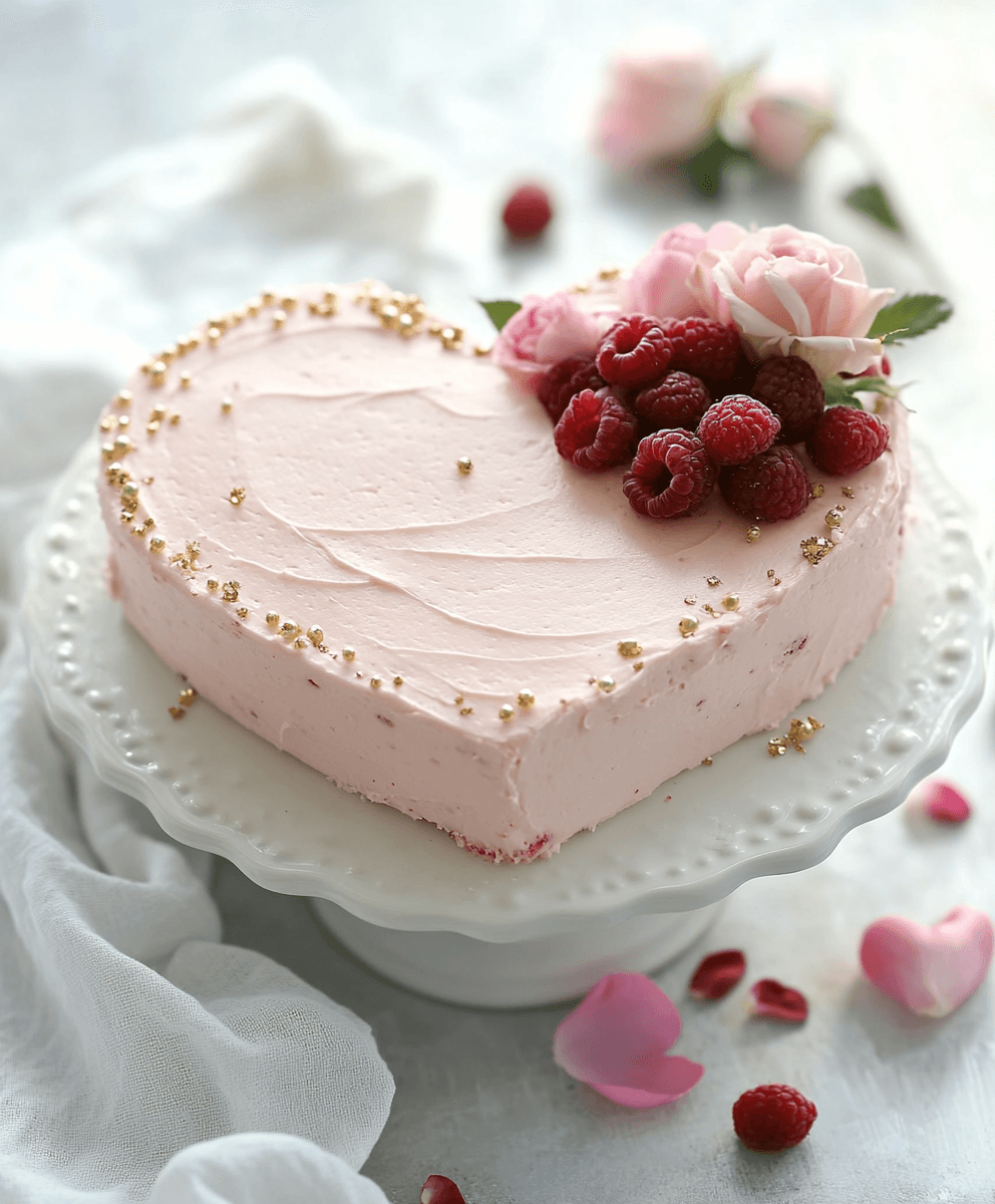 heaart-shaped cake with raspberry