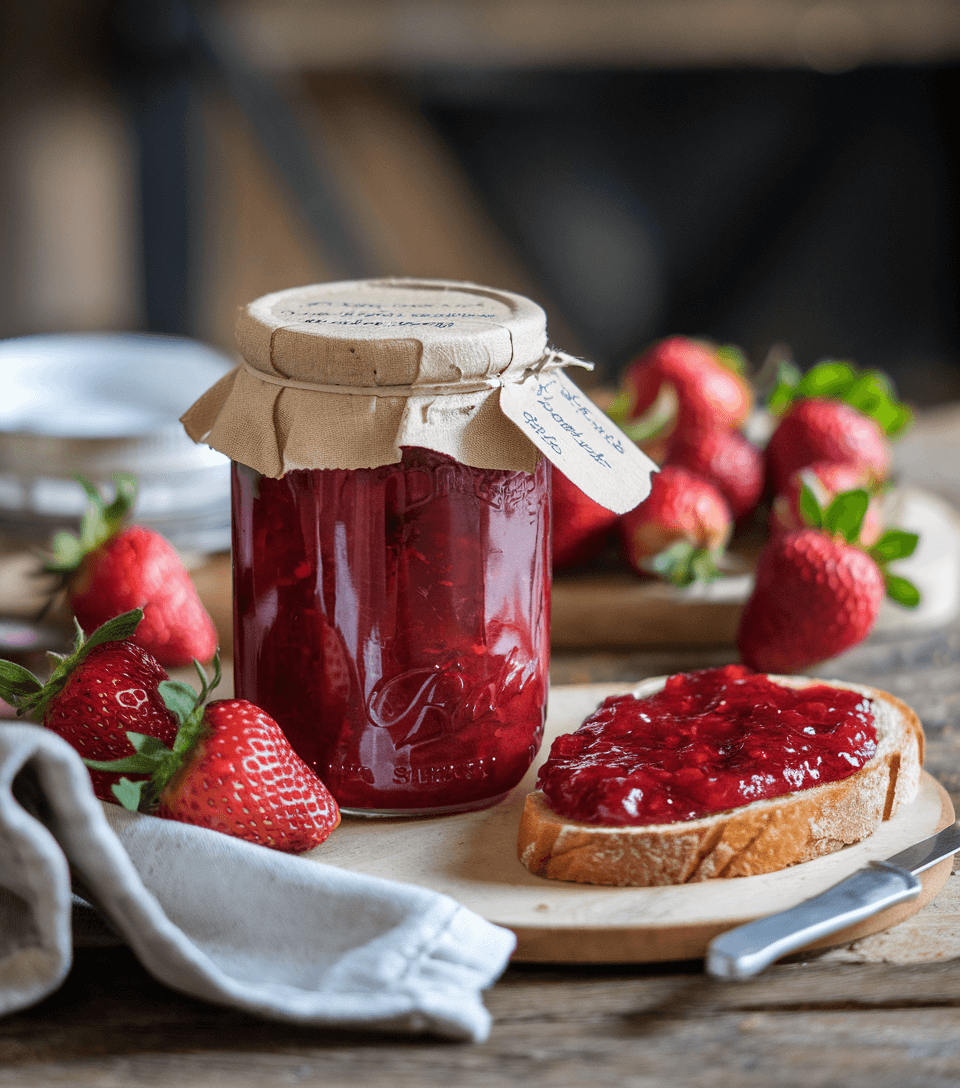 jar of trawberry jam with fresh strawberries