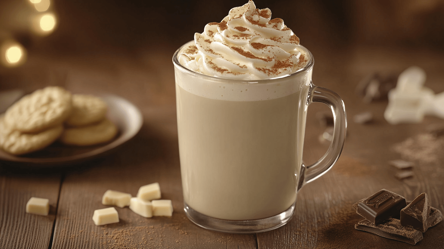 A glass mug filled with a creamy beverage topped with whipped cream and sprinkled with cinnamon, surrounded by chocolate pieces and cookies on a rustic wooden table.