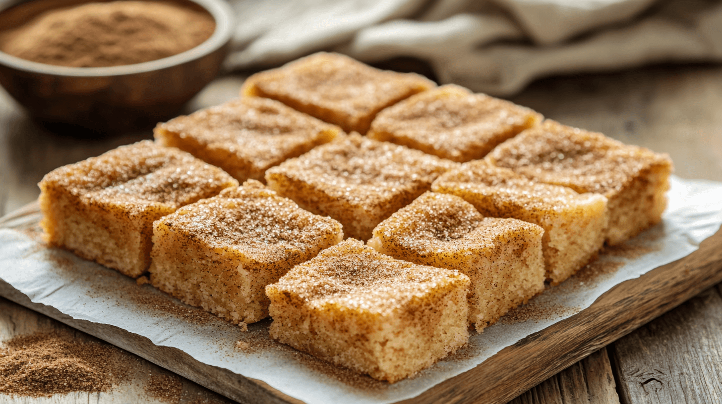 Nine square slices of cinnamon sugar snickerdoodle bars arranged on a wooden board lined with parchment paper, with a bowl of cinnamon sugar in the background.