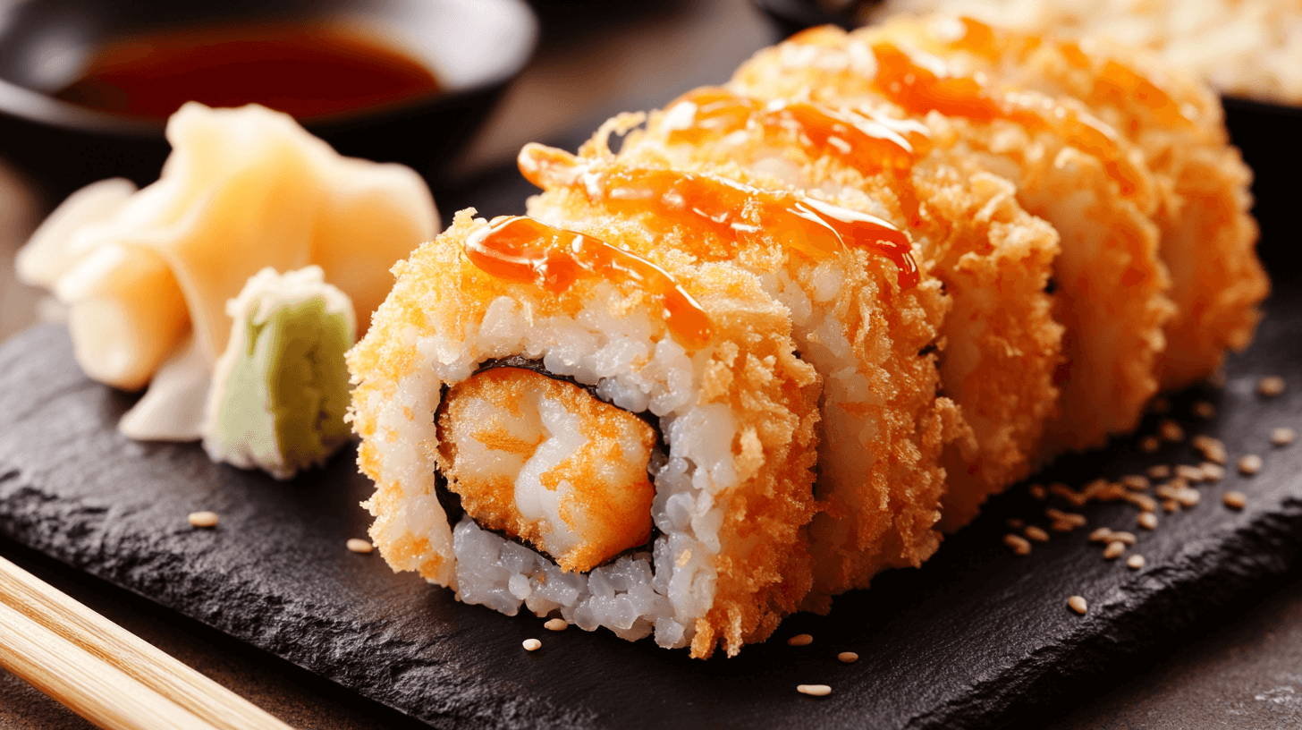 Close-up of crispy sushi shrimp temoura rolls drizzled with sauce, served on a slate platter with pickled ginger, wasabi, and soy sauce in the background.