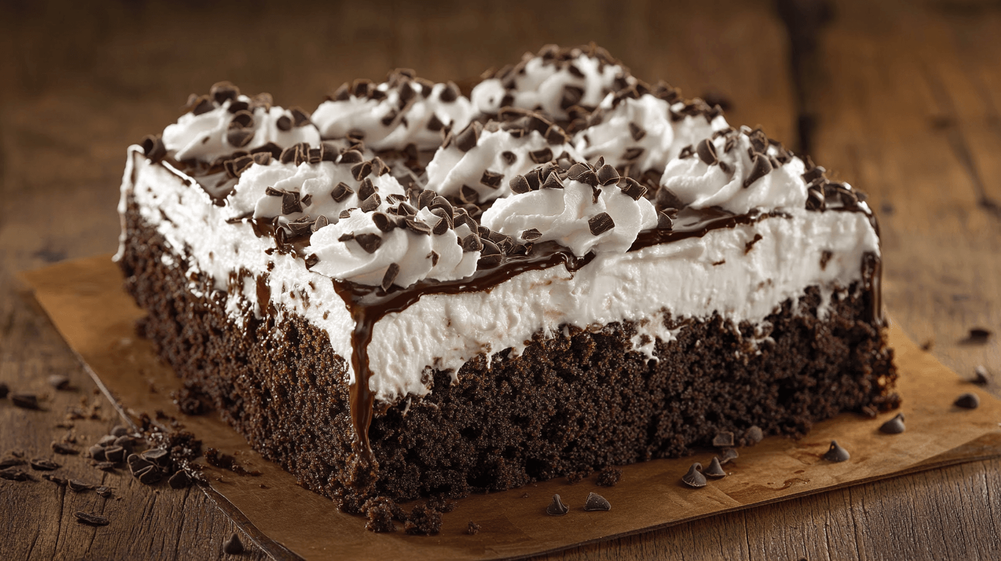 Close-up of a chocolate poke cake topped with whipped cream, chocolate shavings, and drizzled chocolate syrup on a wooden surface.