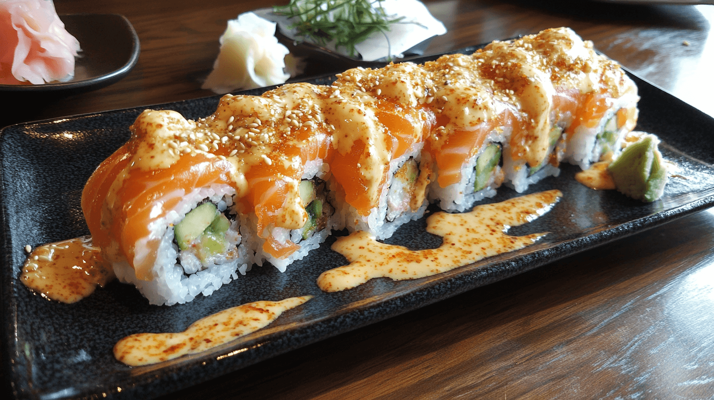 Alaska roll sushi topped with fresh salmon, drizzled with spicy mayo, and garnished with sesame seeds on a black plate with wasabi and pickled ginger in the background.