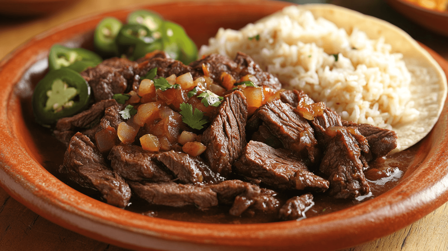 Carne guisada served with rice, jalapeño slices, and a tortilla on a rustic clay plate.