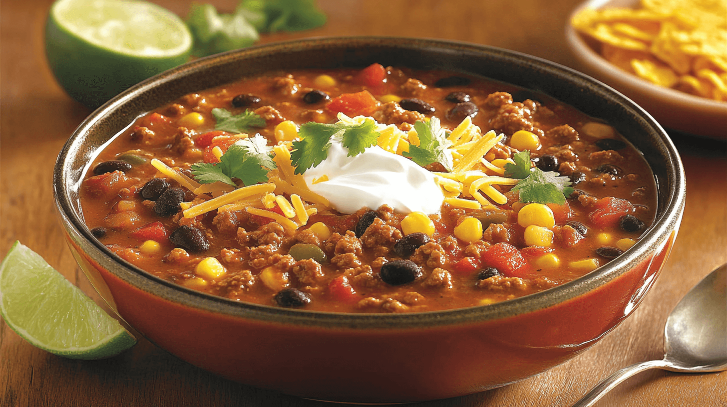 Taco soup served in a bowl, garnished with shredded cheese, sour cream, and cilantro, surrounded by lime wedges and tortilla chips.