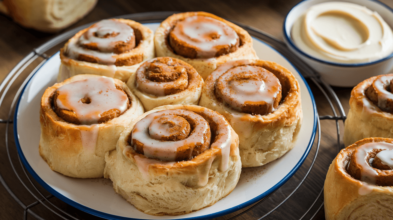 Freshly baked sourdough discard cinnamon rolls drizzled with icing on a white plate with a blue rim, placed on a cooling rack.