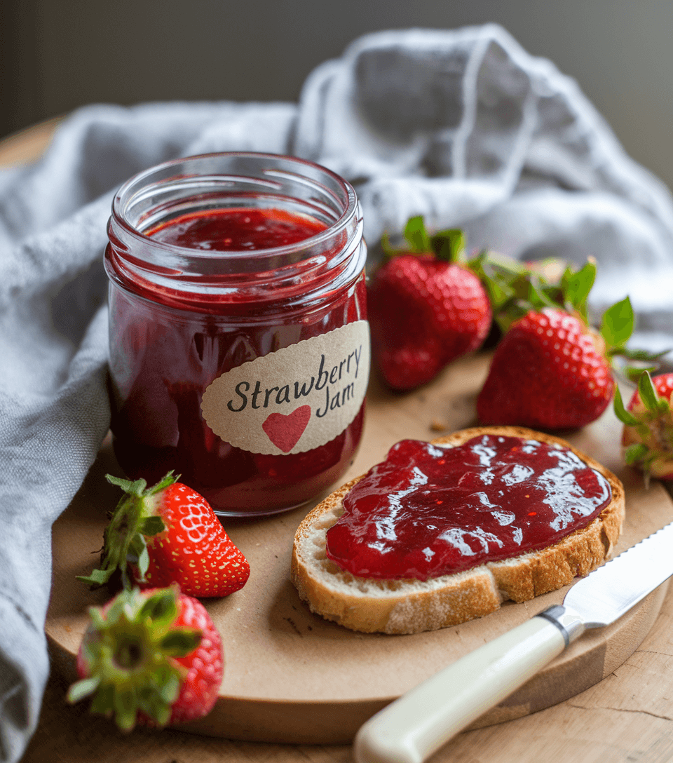 jar of strawberry jam with fresh strawberries