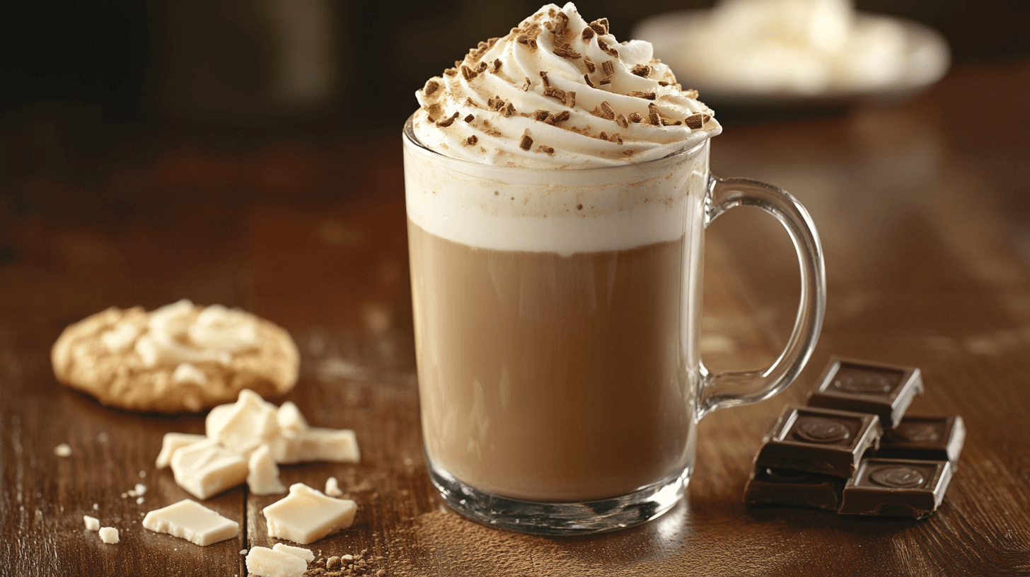 A glass mug filled with a creamy latte topped with whipped cream and chocolate shavings, surrounded by white chocolate pieces, a cookie, and dark chocolate squares on a rustic wooden table.