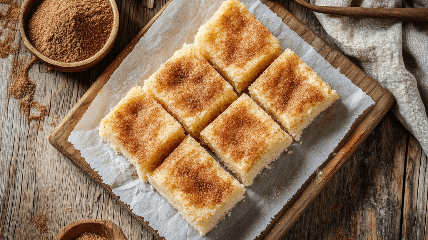 Six square slices of cinnamon sugar snickerdoodle bars on a wooden board lined with parchment paper, surrounded by bowls of cinnamon sugar and a rustic cloth.