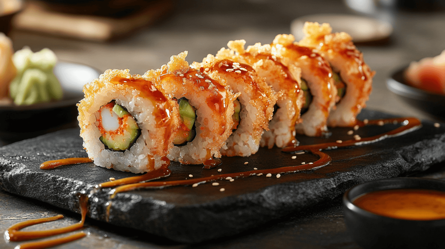 Golden crispy sushi shrimp tempura rolls with crab and cucumber filling, drizzled with soy-based sauce and garnished with sesame seeds, served on a slate platter with wasabi and pickled ginger in the background.