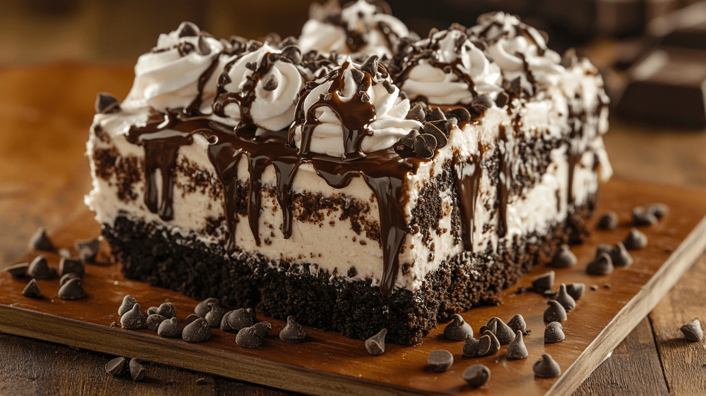 Close-up of a rich chocolate poke cake topped with whipped cream, chocolate drizzle, and chocolate chips on a wooden surface.