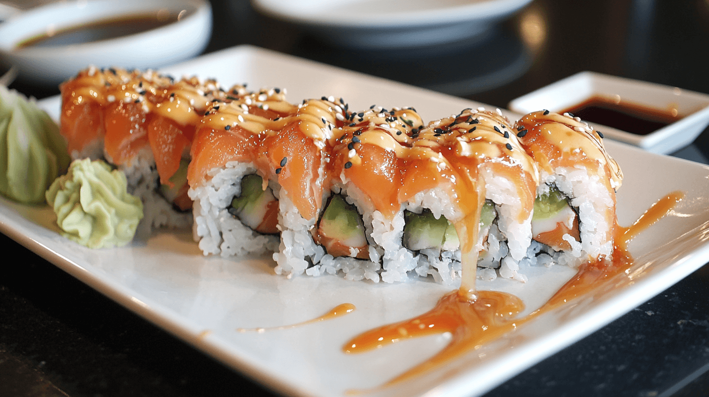 Alaska roll sushi topped with fresh salmon, drizzled with soy-based and creamy sauces, garnished with sesame seeds, served on a white plate with wasabi on the side.