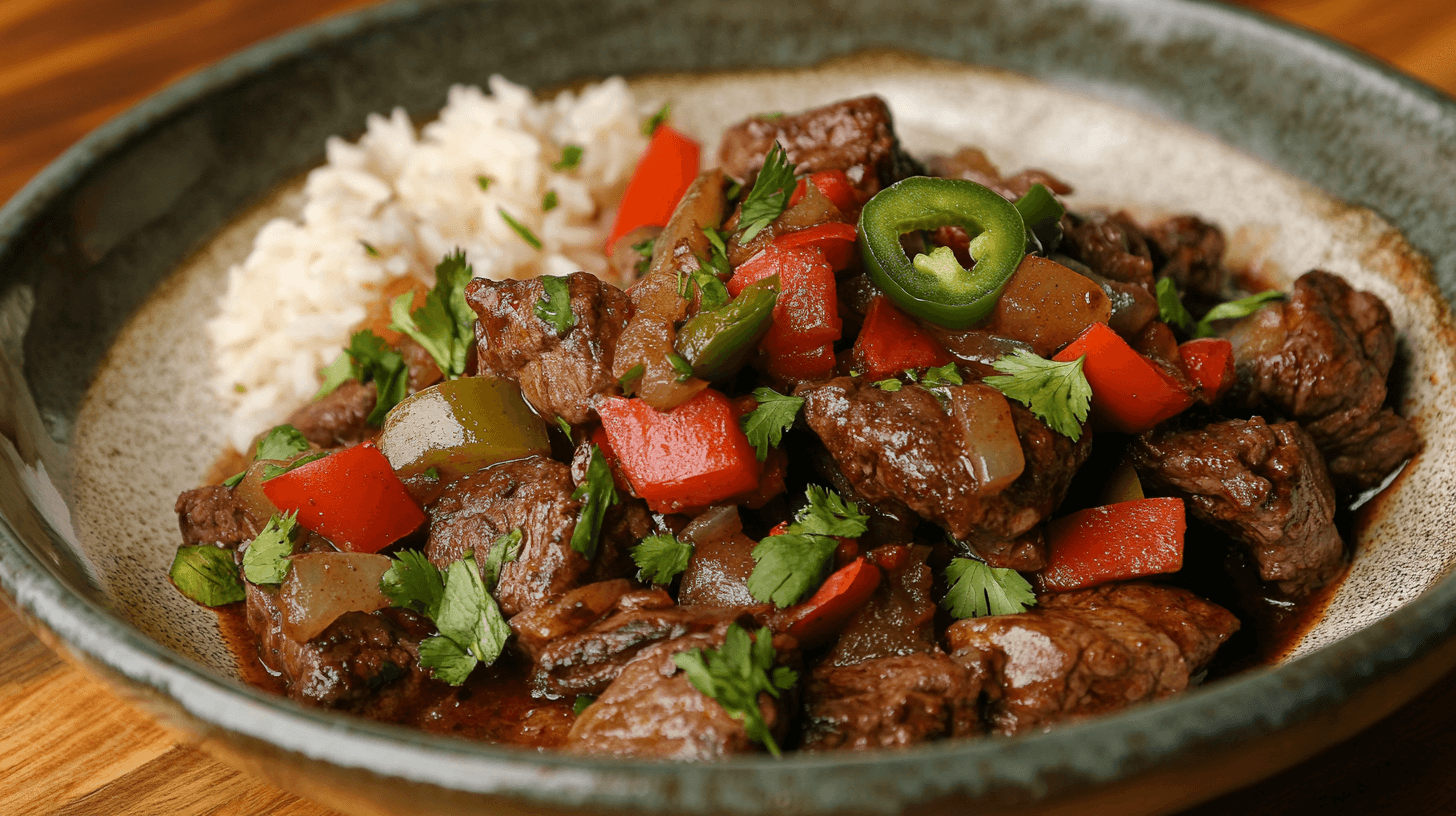 Carne guisada served with rice, colorful bell peppers, and jalapeño slices, garnished with fresh cilantro in a ceramic bowl.