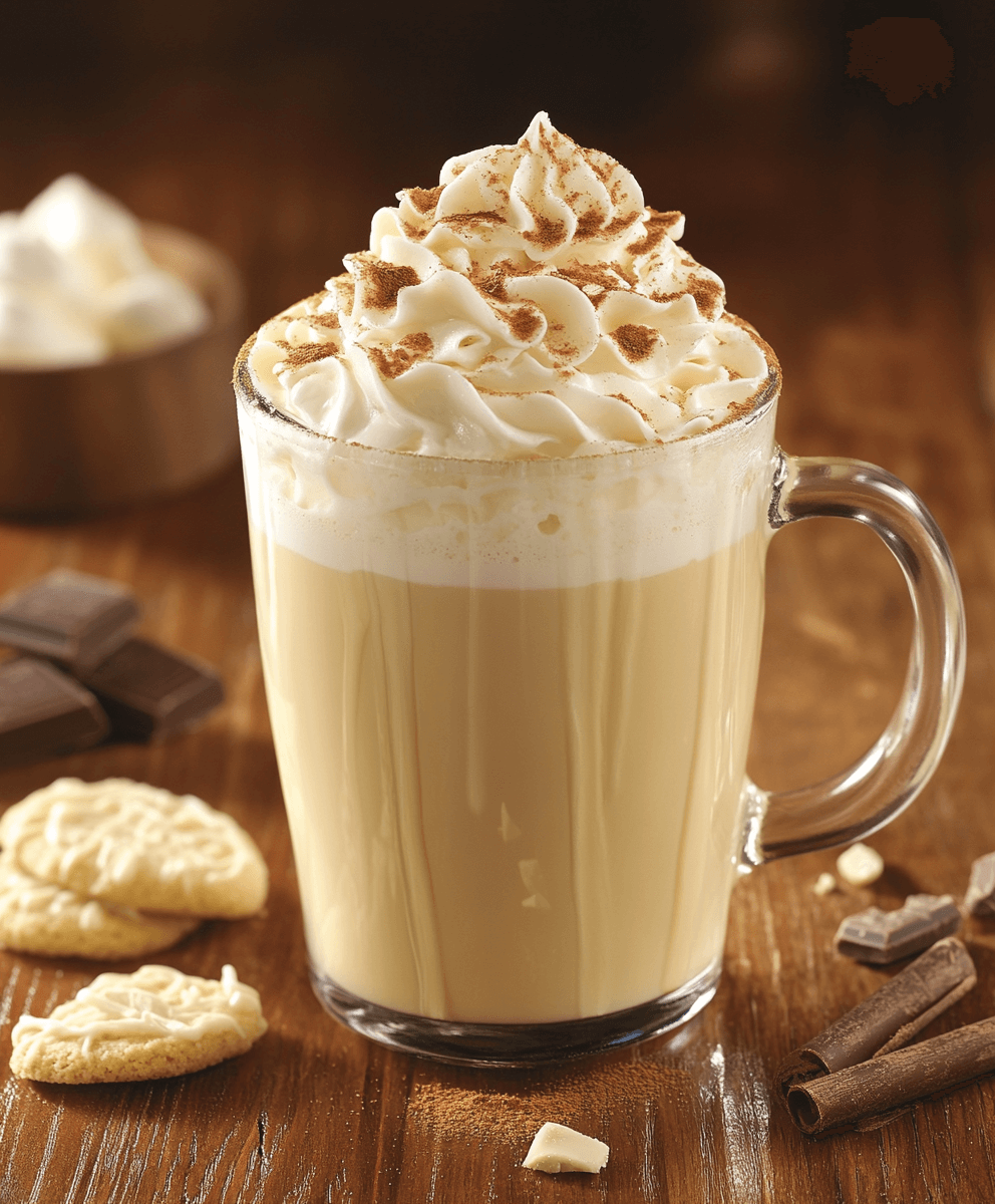 A glass mug filled with a creamy latte topped with whipped cream and cinnamon, surrounded by cookies, chocolate pieces, and cinnamon sticks on a rustic wooden table.