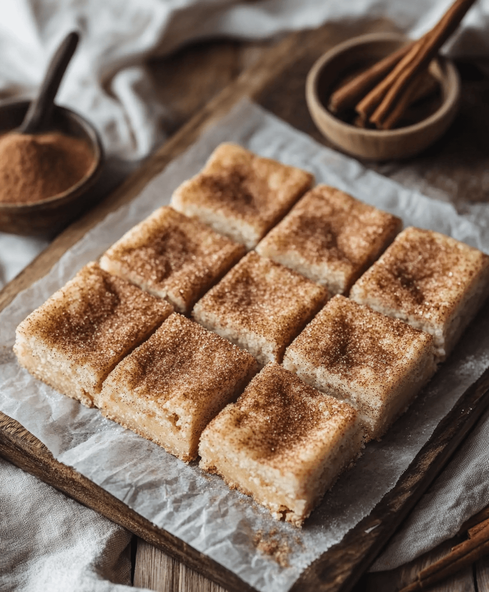 Nine square slices of cinnamon sugar snickerdoodle bars on a wooden board lined with parchment paper, surrounded by bowls of cinnamon and cinnamon sticks on a rustic wooden surface.