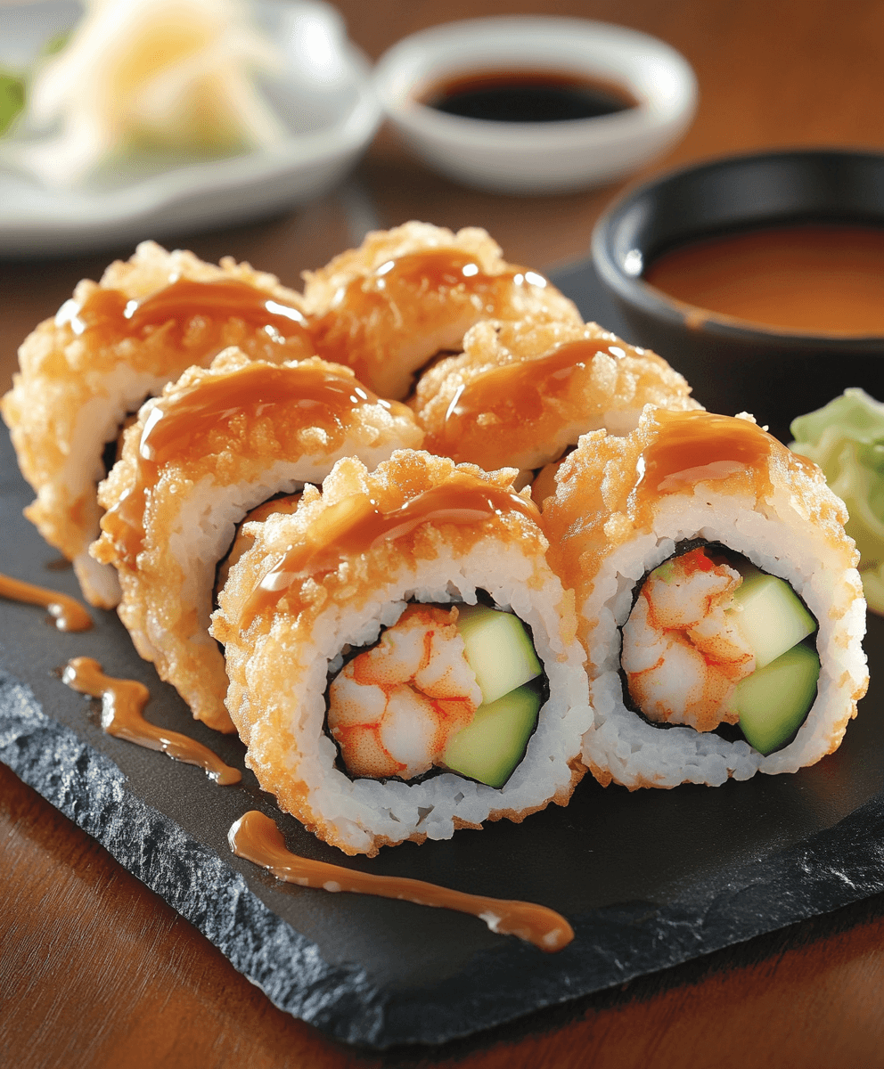 Golden tempura sushi shrimp tempura rolls drizzled with sauce on a slate platter, served with wasabi, soy sauce, and pickled ginger in the background.