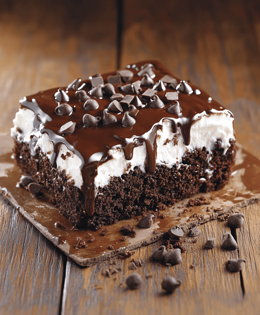 Slice of chocolate poke cake topped with whipped cream, chocolate drizzle, and chocolate chips on a wooden surface.