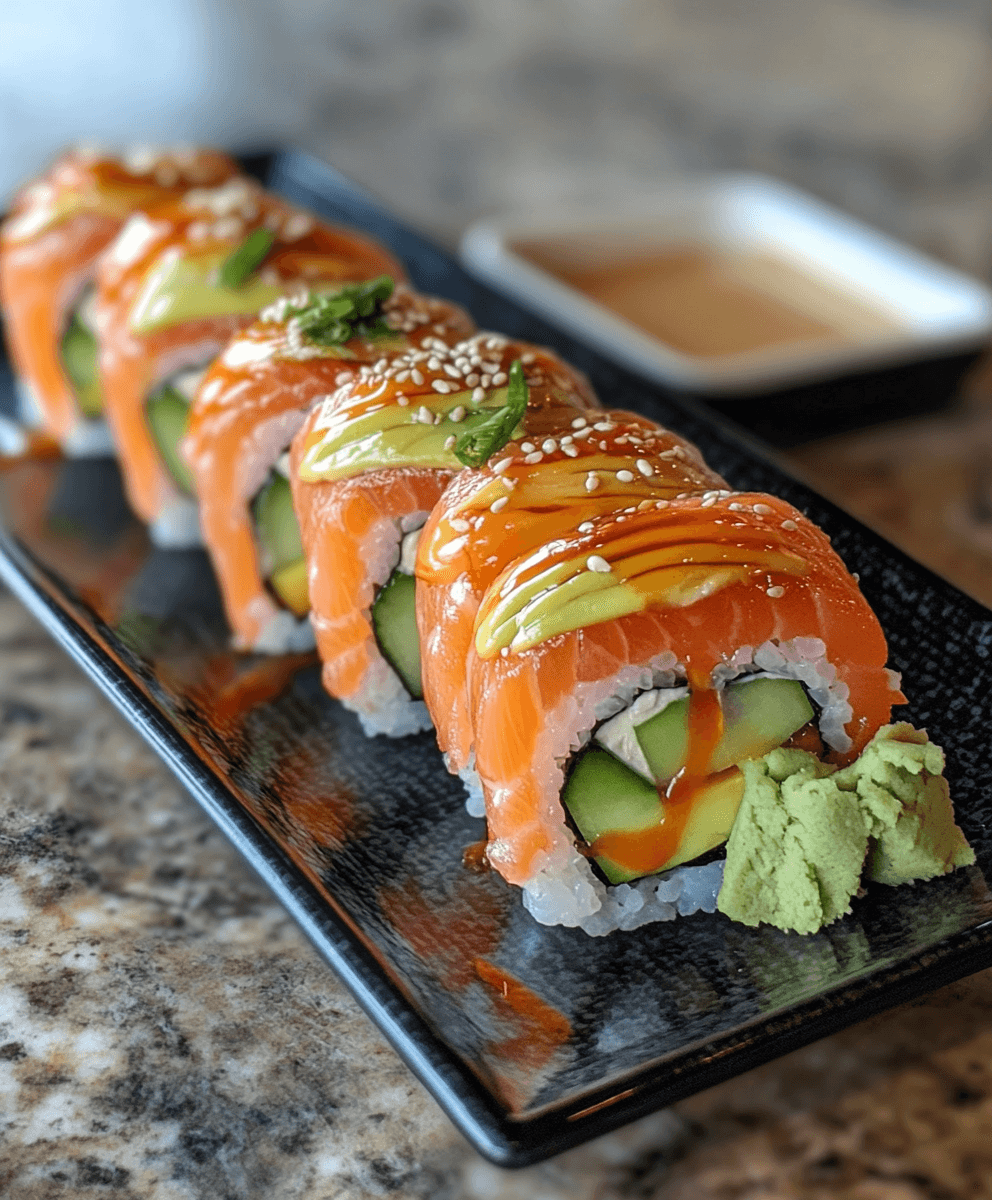 Alaska roll sushi topped with fresh salmon, avocado slices, and sesame seeds, drizzled with soy-based sauce, served on a black plate with wasabi.