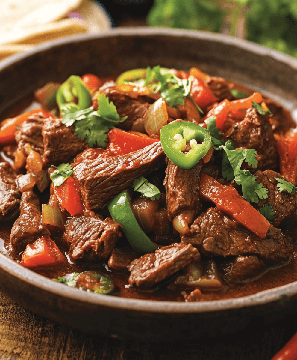 Carne guisada served in a bowl with tender beef, red and green bell peppers, jalapeño slices, and garnished with fresh cilantro.