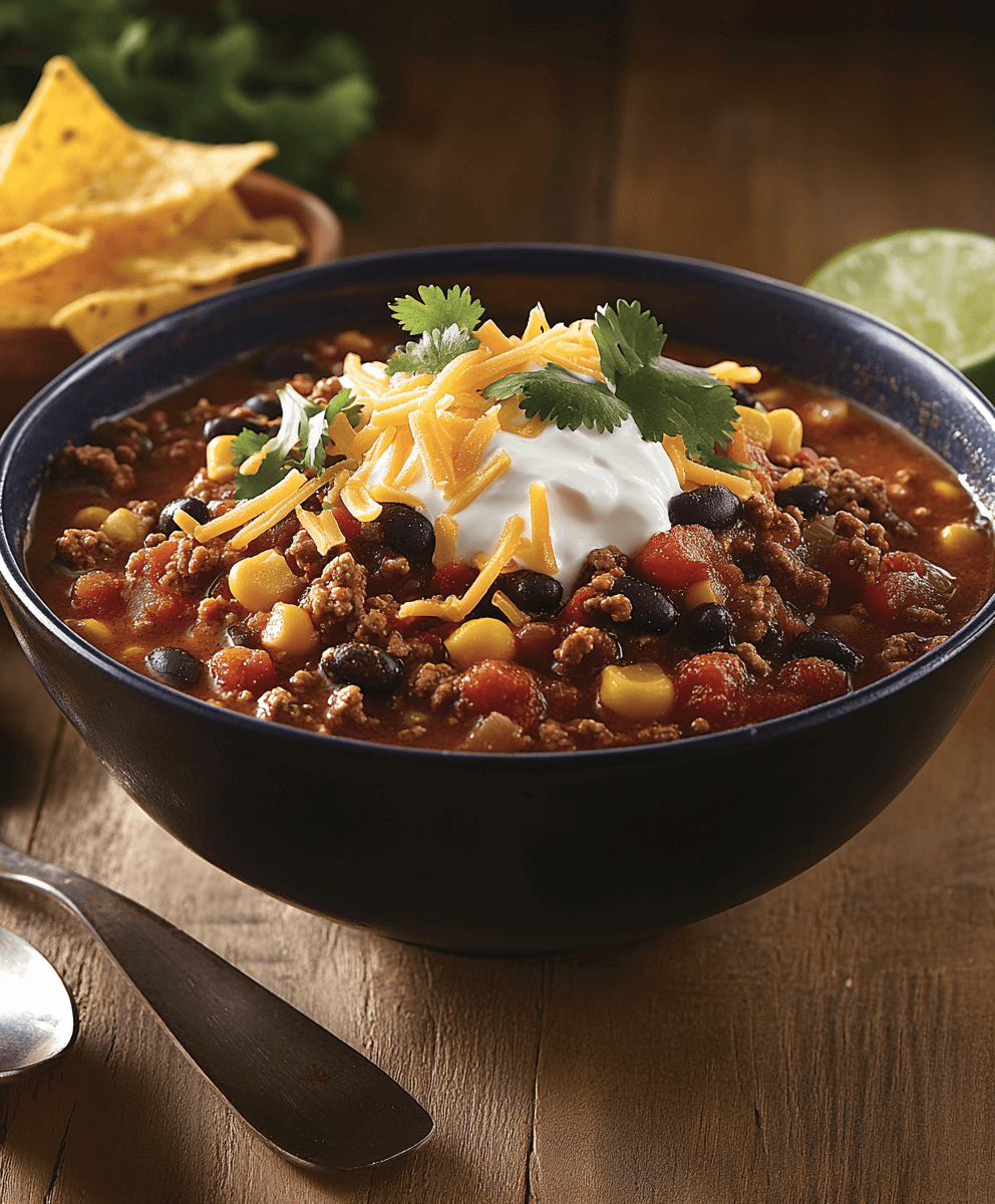 Bowl of taco soup topped with sour cream, shredded cheese, and fresh cilantro, accompanied by tortilla chips and lime wedges in the background.