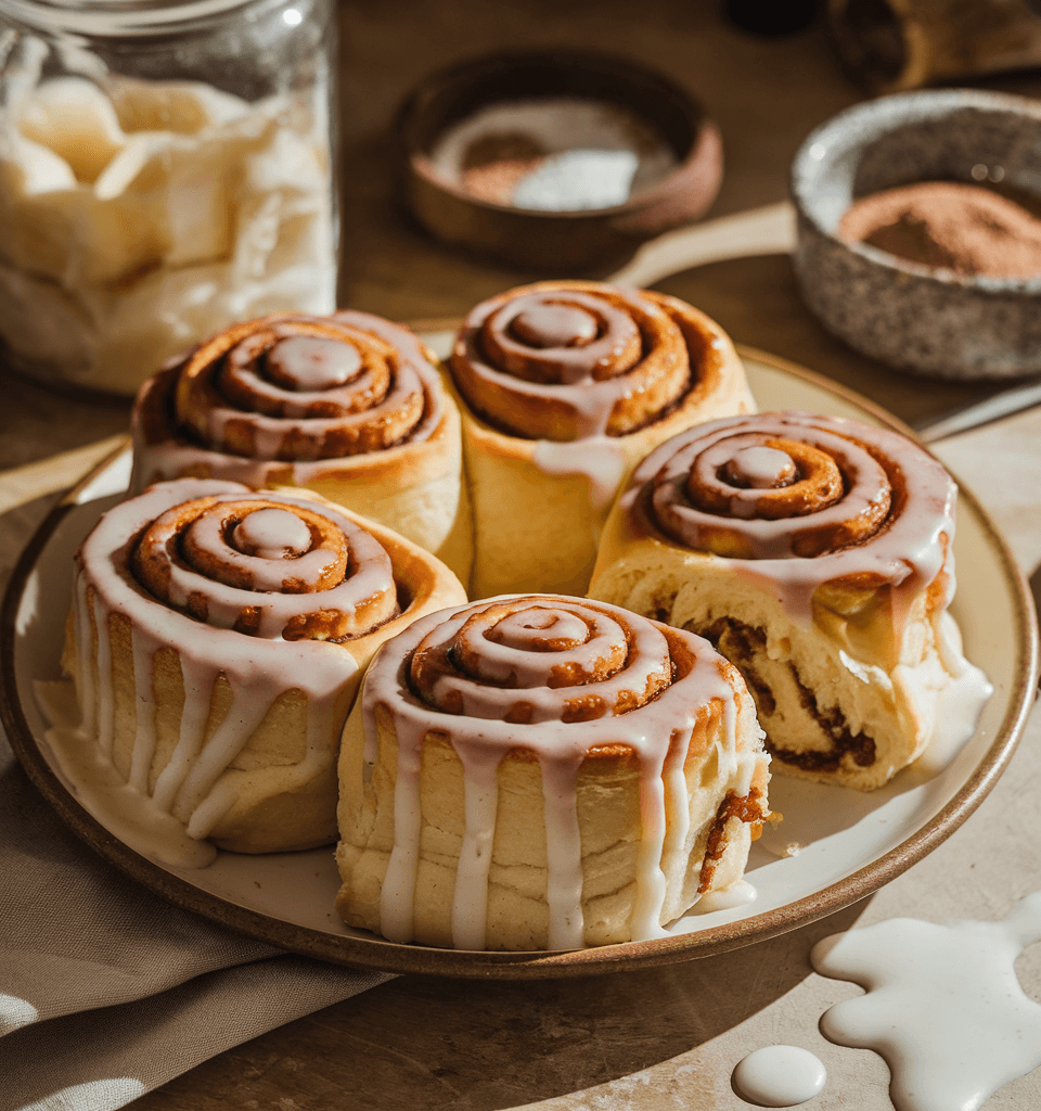 Plate of freshly baked cinnamon rolls with icing drizzled on top, surrounded by baking ingredients on a rustic countertop.