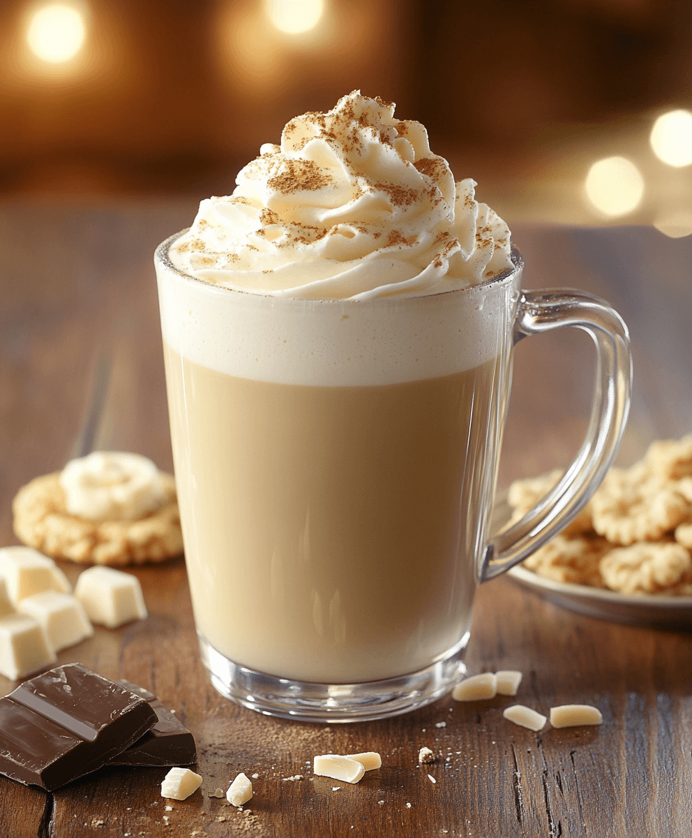 A glass mug filled with a creamy latte topped with whipped cream and a sprinkle of cinnamon, surrounded by white and dark chocolate pieces and cookies on a wooden table with a warm, glowing background.