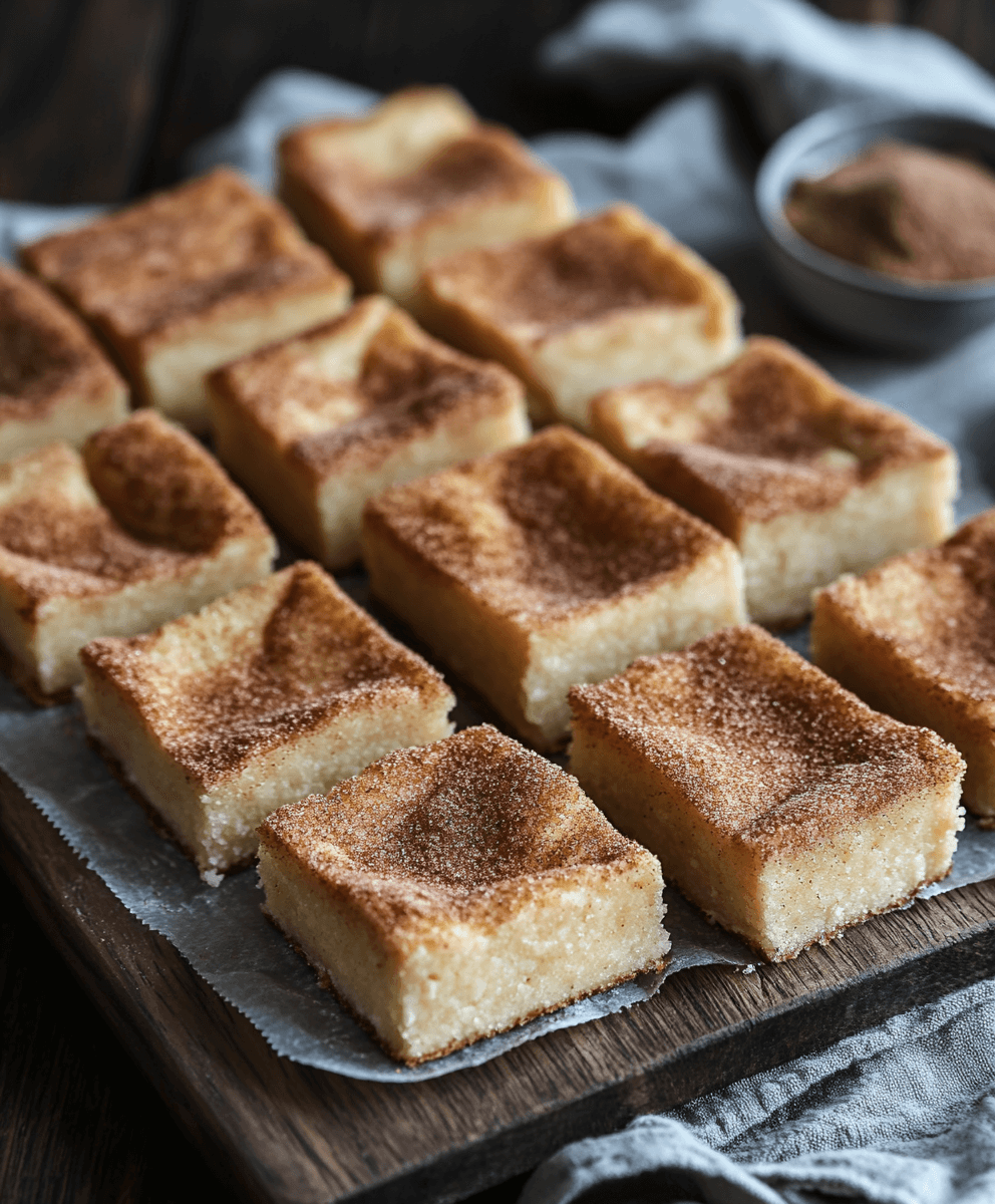 Square slices of cinnamon sugar snickerdoodle bars arranged on a wooden board lined with parchment paper, with a bowl of cinnamon sugar in the background.