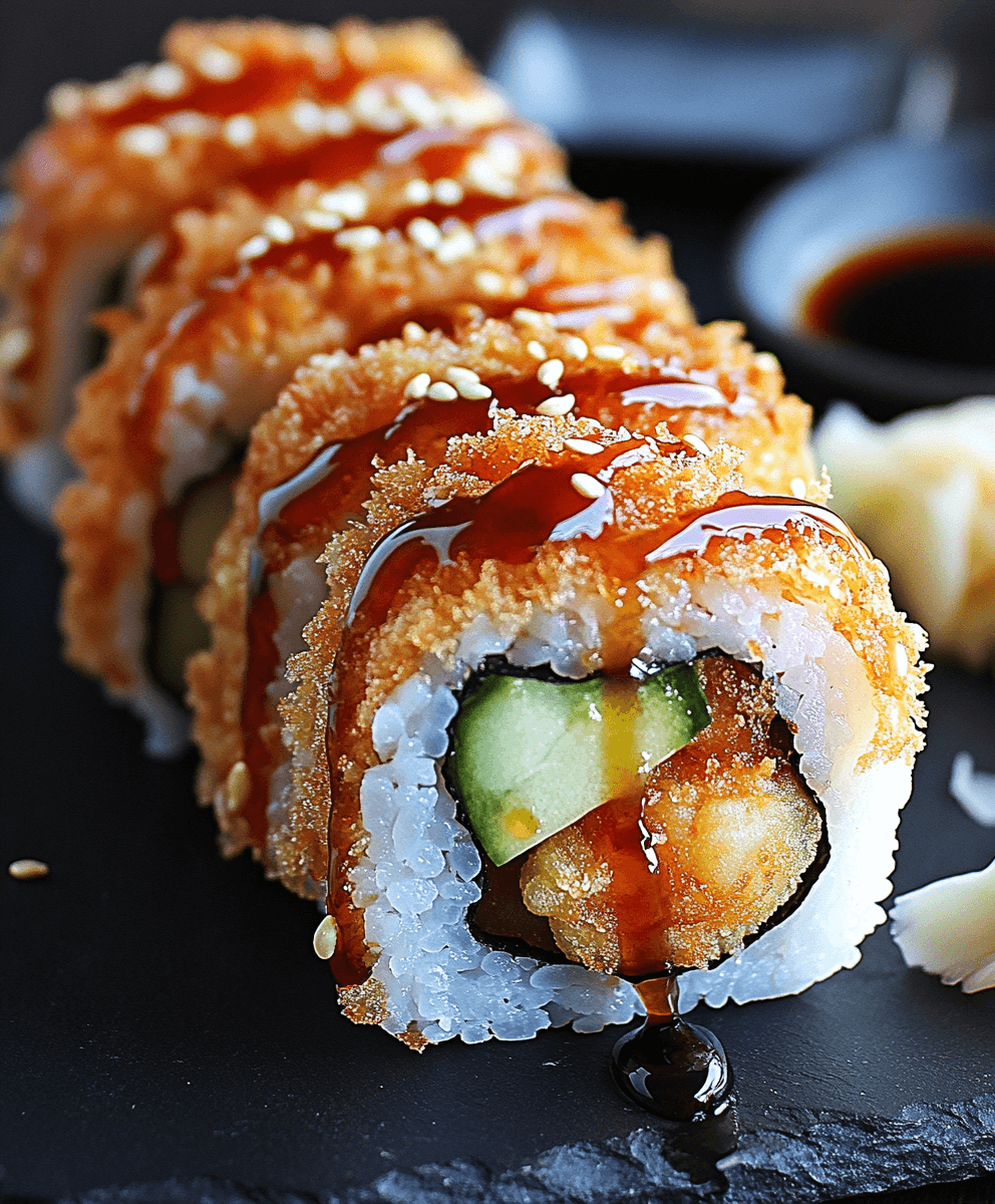 Close-up of crispy sushi shrimp tempura rolls drizzled with soy-based sauce and sprinkled with sesame seeds, served on a slate platter with pickled ginger in the background.