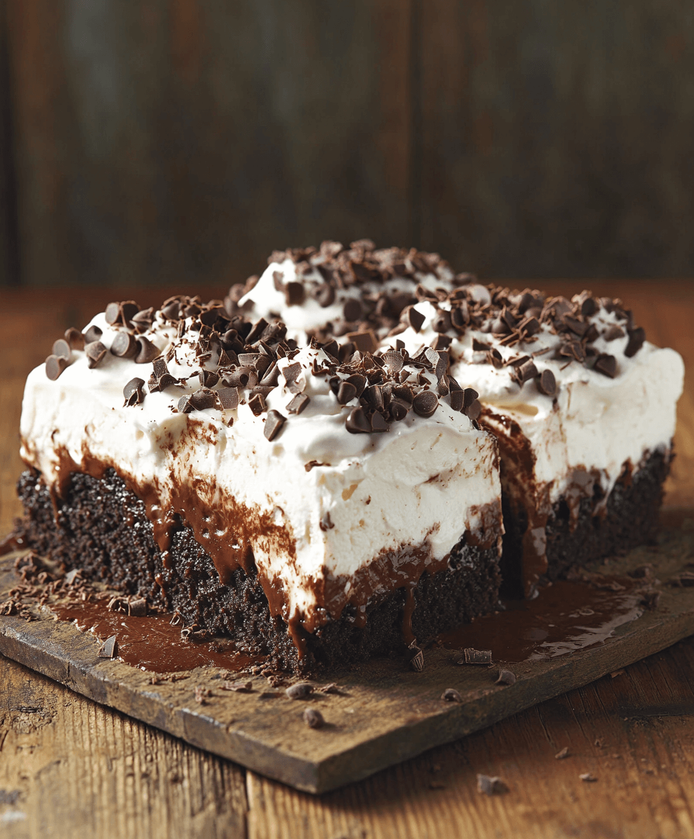 Chocolate poke cake with whipped cream topping, chocolate chips, and a rich chocolate filling oozing out, served on a wooden board.