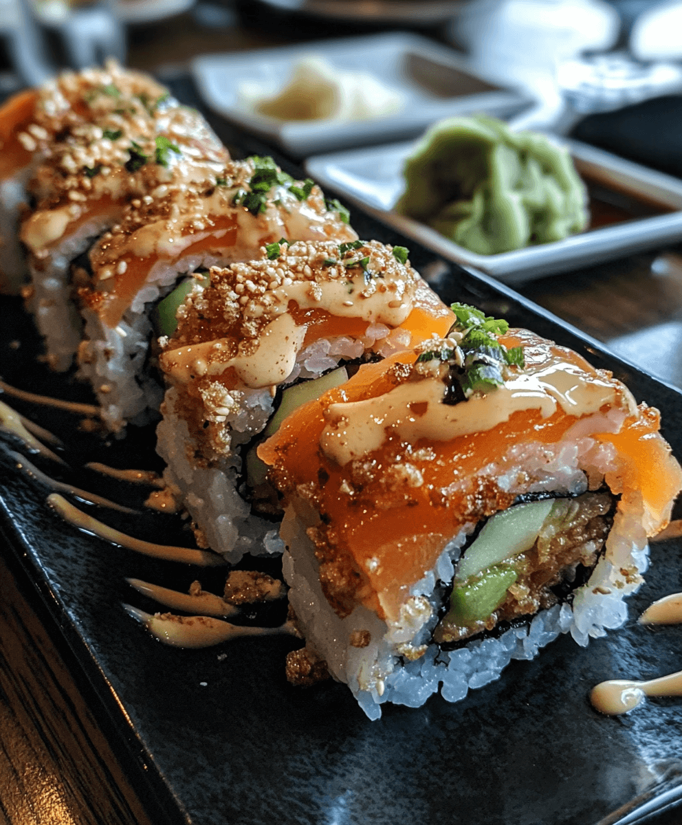 Salmon-topped sushi alaska rolls drizzled with spicy mayo, garnished with crispy crumbs and green herbs, served on a black plate with wasabi and pickled ginger in the background.