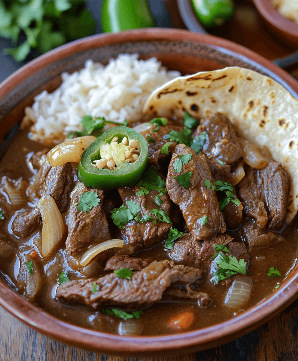 Carne guisada served with white rice, a flour tortilla, and garnished with jalapeño slices and fresh cilantro in a rustic bowl.