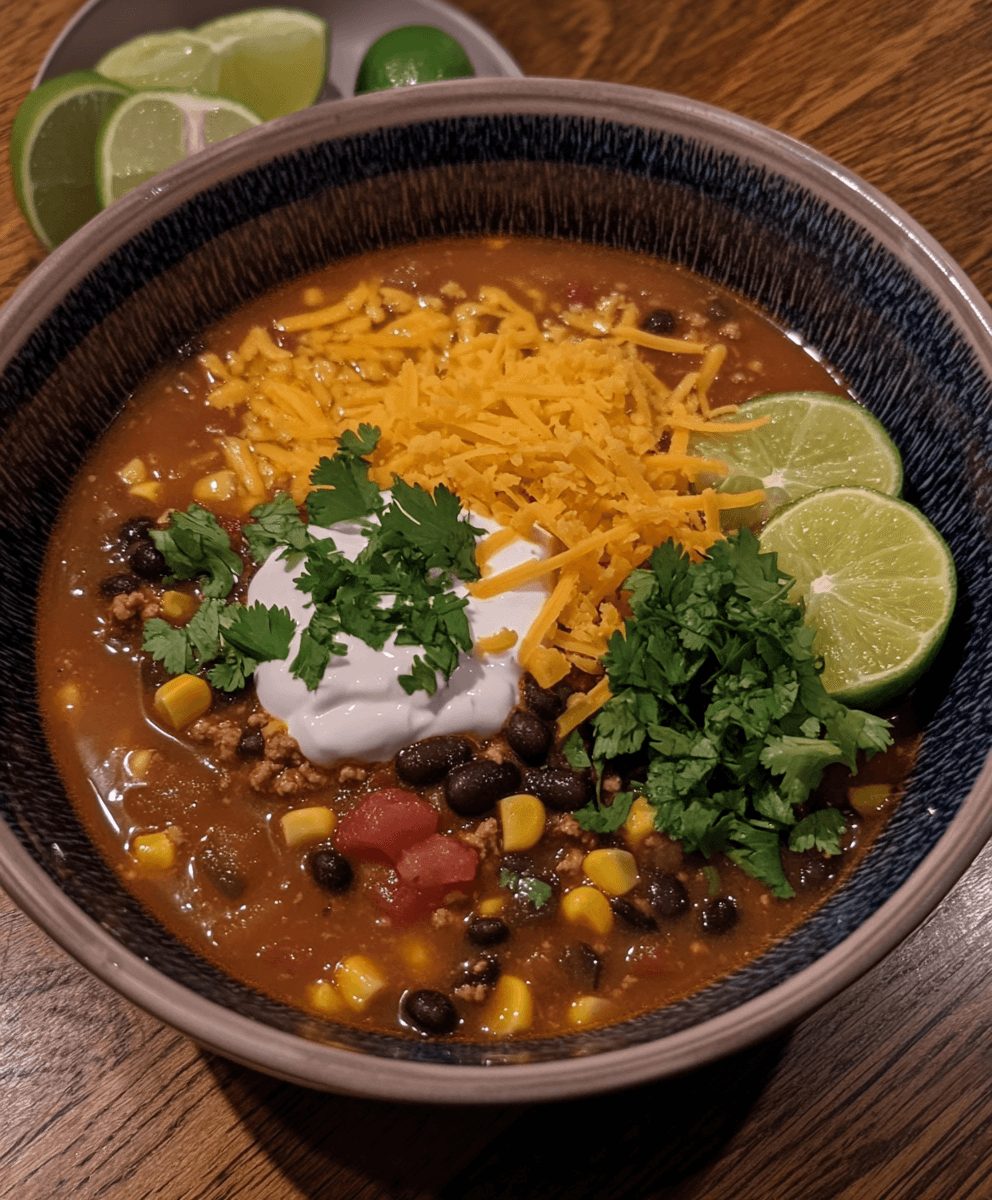 Bowl of taco soup garnished with shredded cheese, sour cream, fresh cilantro, and lime slices, served in a patterned ceramic bowl.