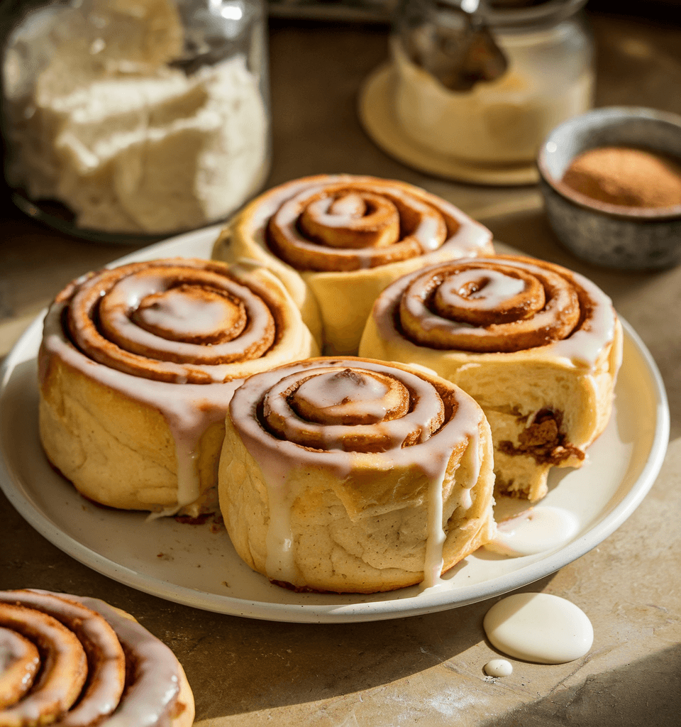 Freshly baked cinnamon rolls topped with icing, served on a white plate with spilled icing on the table and jars of ingredients in the background.