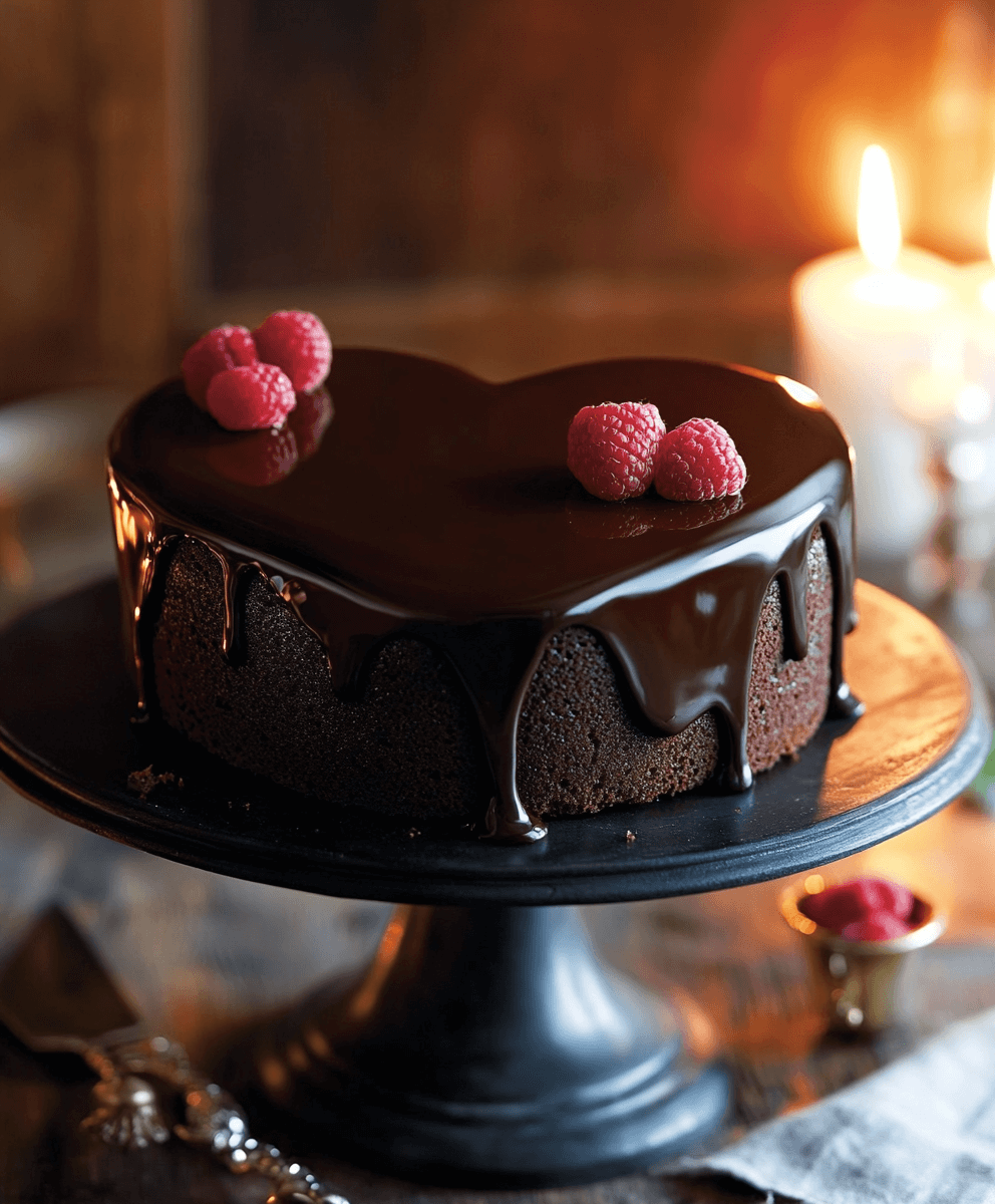 chocolate heart cake with raspberries