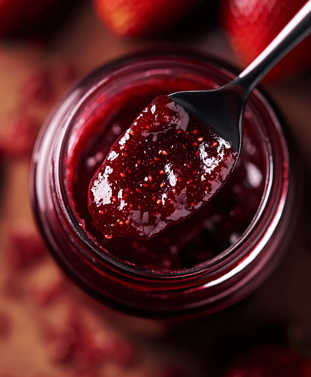 spoon dipped into a jar of strawberry jam