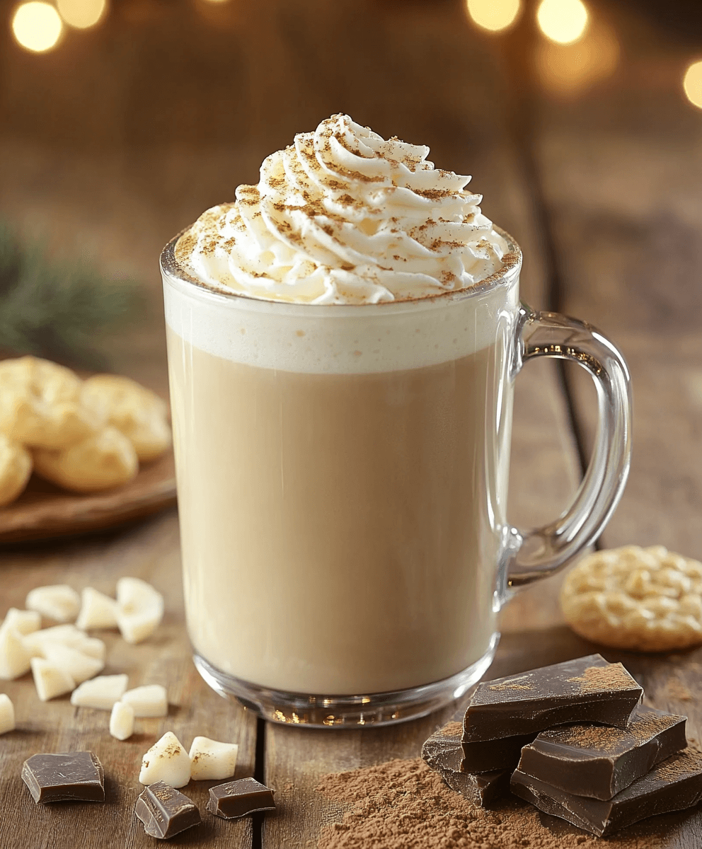 A glass mug of creamy latte topped with whipped cream and cinnamon, surrounded by chocolate pieces, cocoa powder, and cookies on a rustic wooden table with a festive, glowing background.