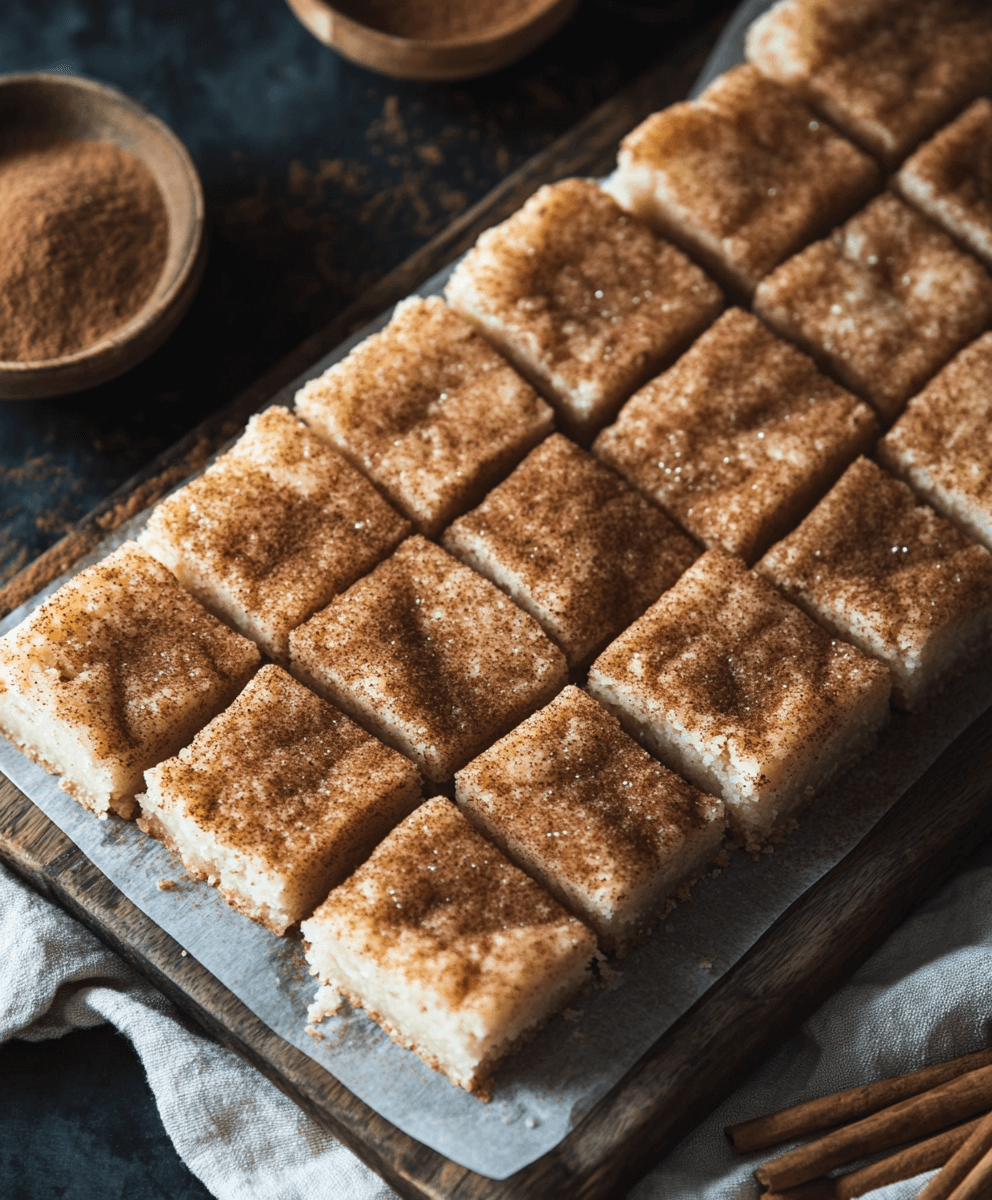 Rows of cinnamon sugar snickerdoodle bars squares on a wooden board lined with parchment paper, surrounded by bowls of cinnamon and cinnamon sticks on a dark rustic background.