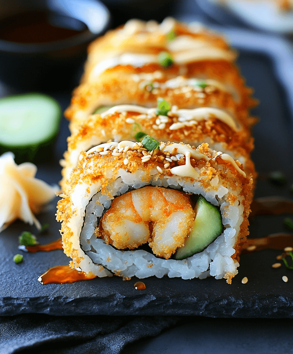 Golden crispy sushi shrimp tempura rolls with shrimp and cucumber filling, drizzled with creamy and soy-based sauces, topped with sesame seeds and green onions, served on a slate platter with pickled ginger in the background.