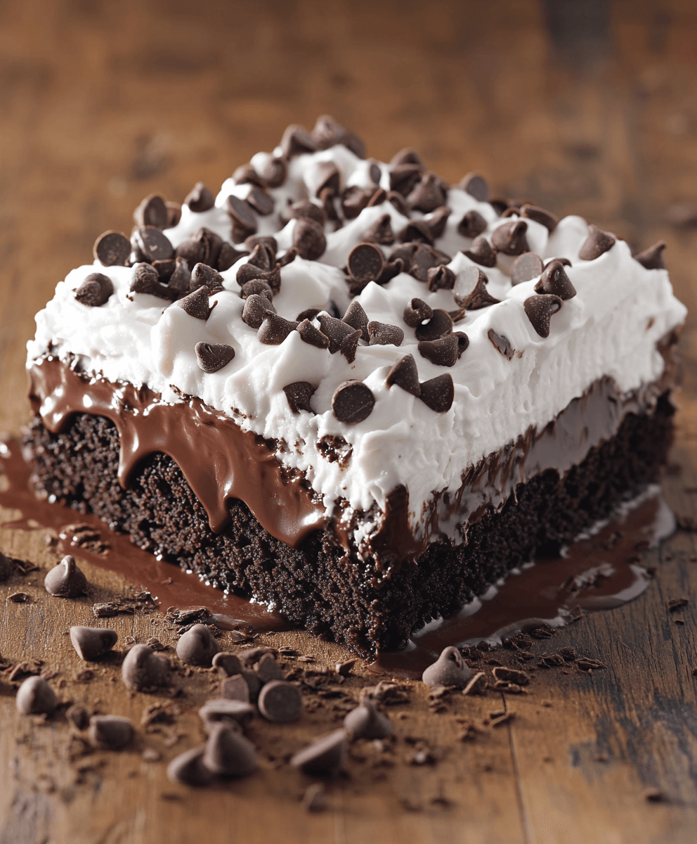 Slice of chocolate poke cake topped with whipped cream, chocolate chips, and a rich chocolate layer, served on a wooden surface.