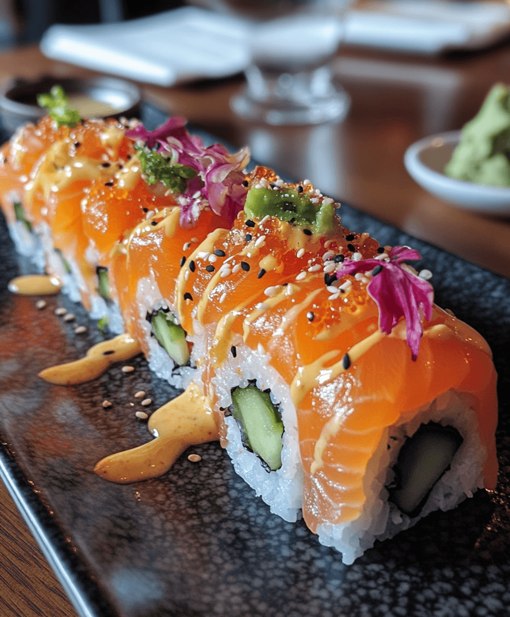 Elegant sushi rolls topped with fresh salmon, drizzled with spicy mayo, garnished with roe, sesame seeds, green herbs, and edible flowers, served on a black plate.