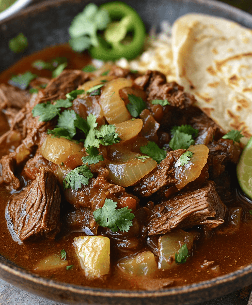 Carne guisada served in a rustic bowl with tender beef, stewed onions, potatoes, fresh cilantro, lime slices, and a warm flour tortilla.